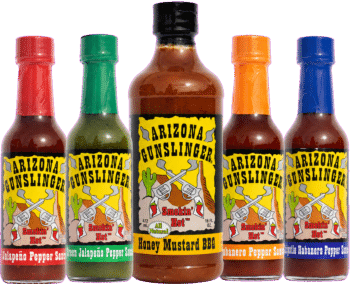 Showing 4 bottles of 5oz and 16oz AZ Gunslinger.