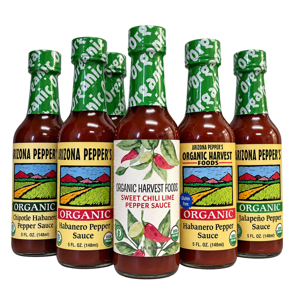 Hot sauce six-pack shown for illustration